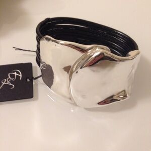 E & L sterling silver magnetic bracelet black leather multi strap